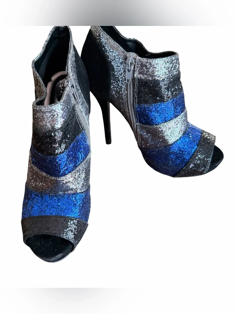 Vintage Y2K Deb Glitter Peep Toe Ankle Booties 5.5” Heel Blue Silver Sz 8.5